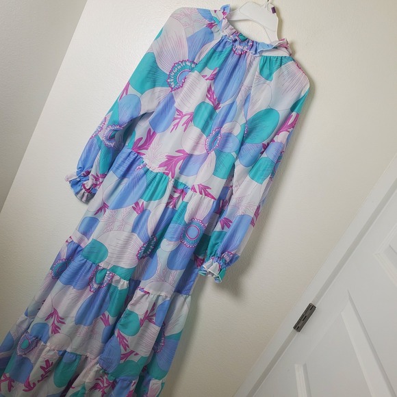 J Marie Mia Rae Long Sleeve Maxi Dress Floral Print Blue Teal Pink   S - Picture 3 of 16